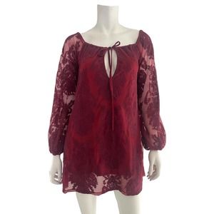 For Love & Lemons L Dress Mesh Floral Embroidered Lined Long Sleeve Mini Boho